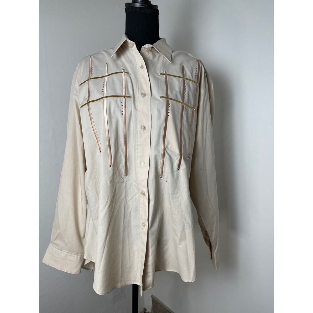 Las Olas Women's Beaded Embroidered Chic Western Academia Button Up Shirt L